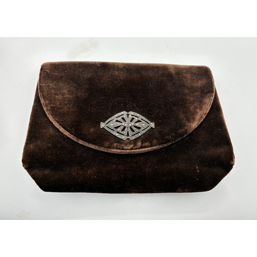 Vtg Artistique Brown Burgundy Velvet Clutch Purse Bag Evening Deco Marcasite